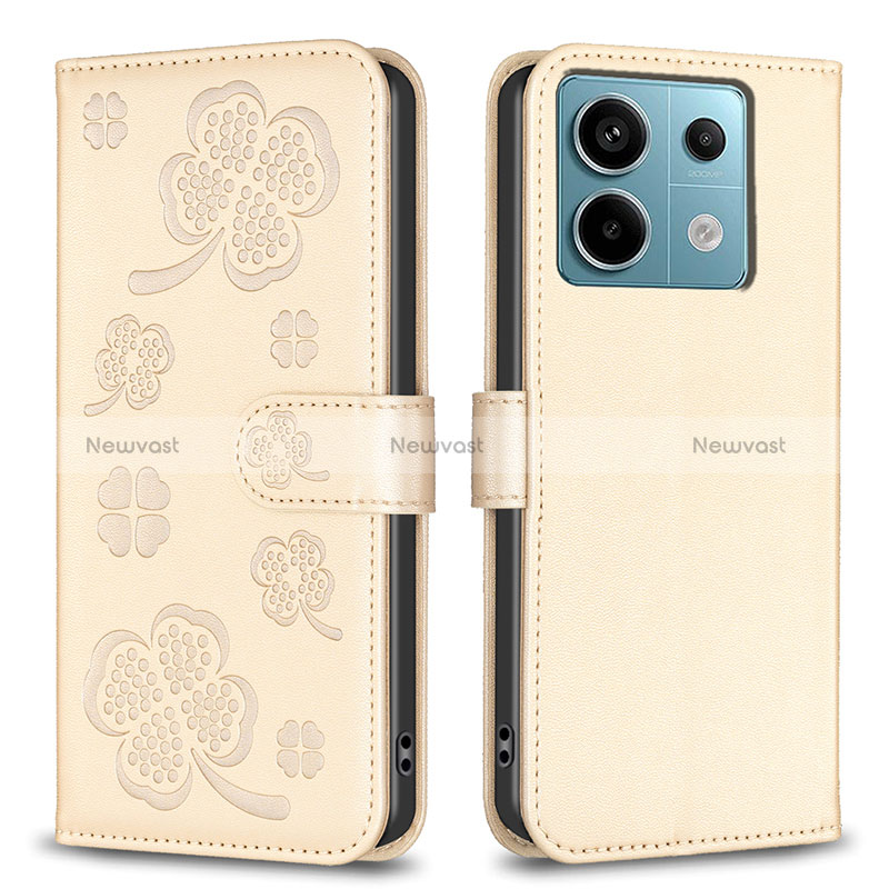 Leather Case Stands Flip Flowers Cover Holder BF1 for Xiaomi Redmi Note 13 Pro 5G Gold