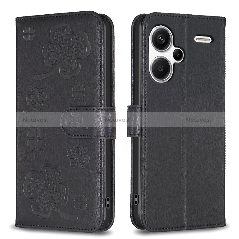 Leather Case Stands Flip Flowers Cover Holder BF1 for Xiaomi Redmi Note 13 Pro+ Plus 5G Black