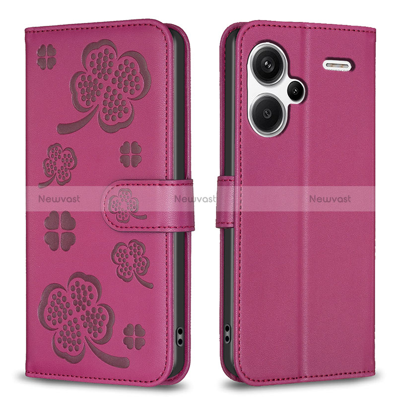 Leather Case Stands Flip Flowers Cover Holder BF1 for Xiaomi Redmi Note 13 Pro+ Plus 5G Hot Pink