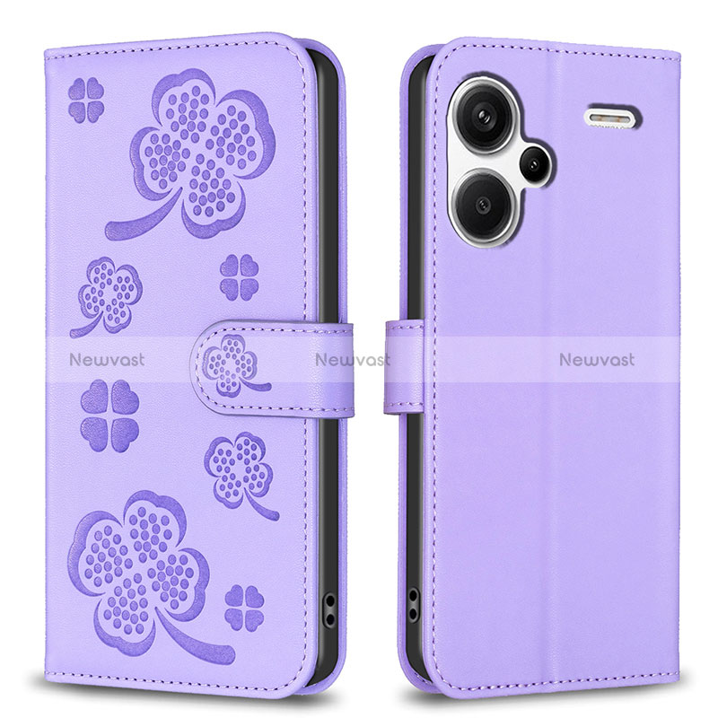 Leather Case Stands Flip Flowers Cover Holder BF1 for Xiaomi Redmi Note 13 Pro+ Plus 5G Purple