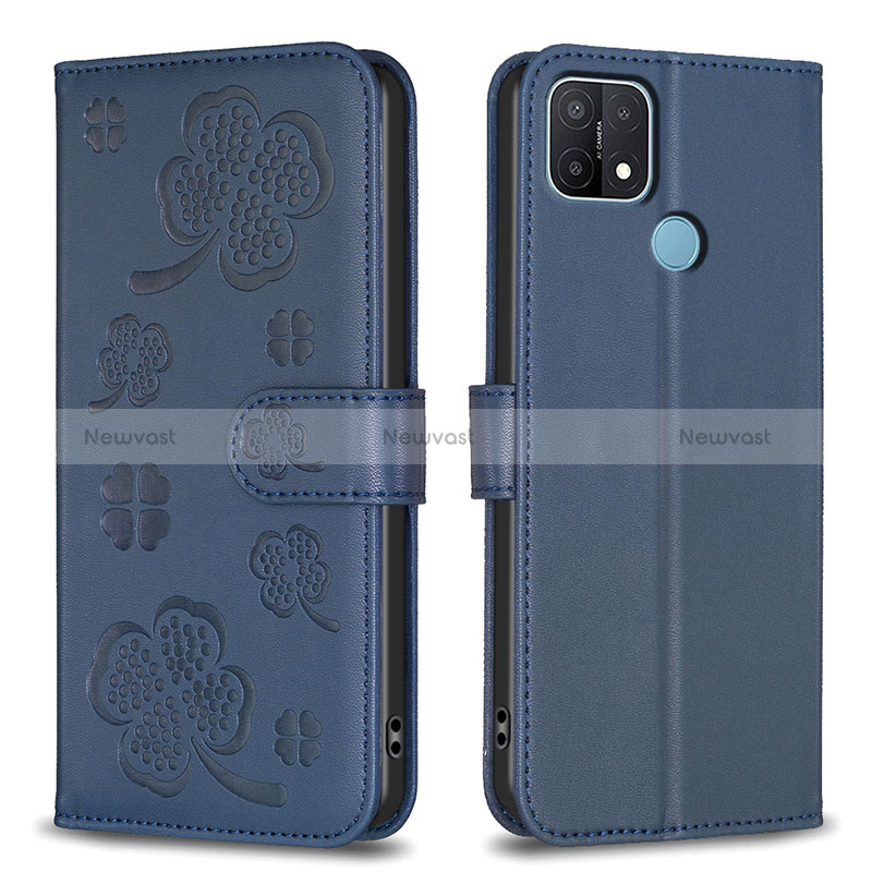 Leather Case Stands Flip Flowers Cover Holder BF2 for Oppo A35 Blue