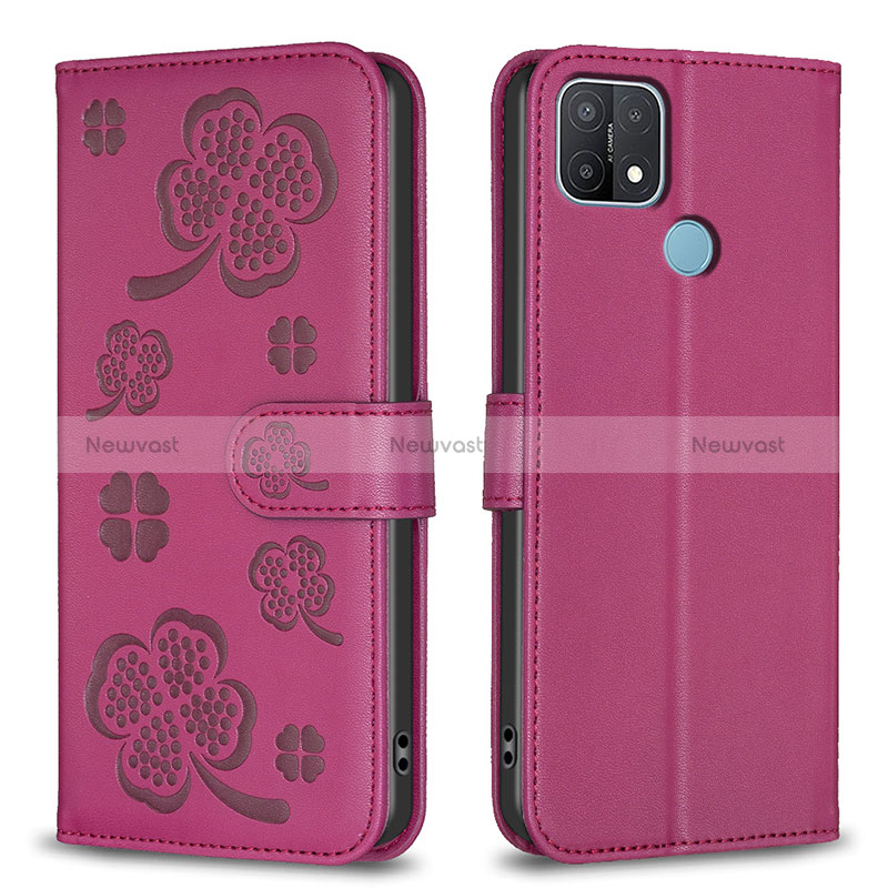 Leather Case Stands Flip Flowers Cover Holder BF2 for Oppo A35 Hot Pink