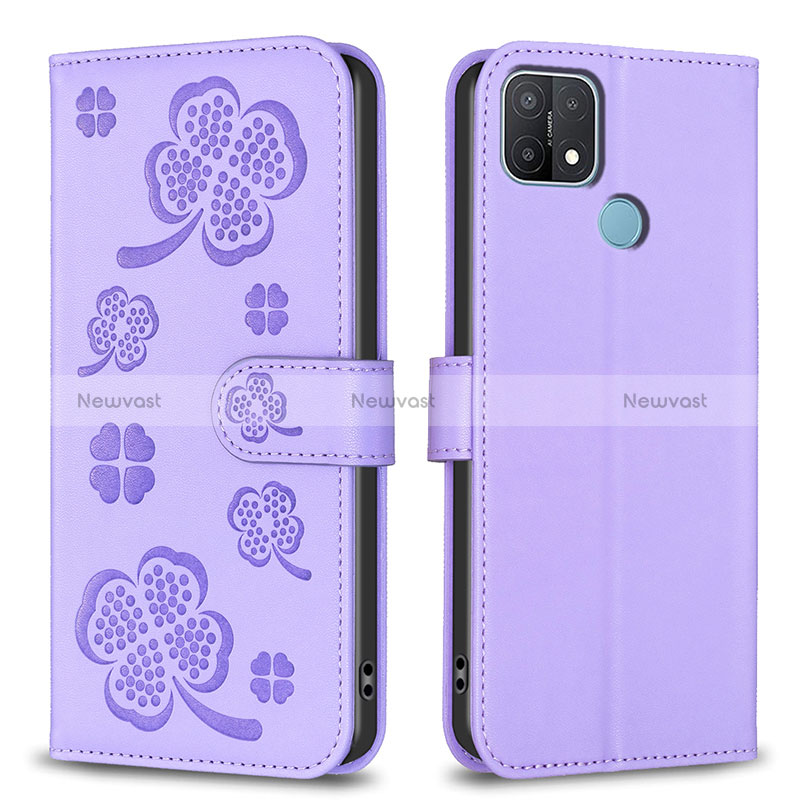 Leather Case Stands Flip Flowers Cover Holder BF2 for Oppo A35 Purple