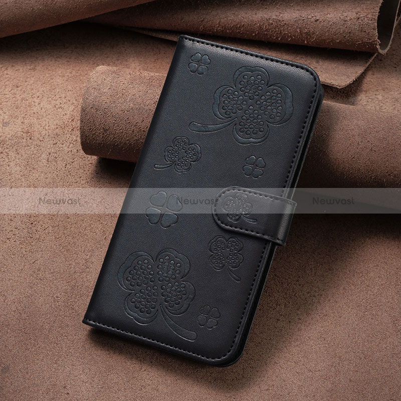 Leather Case Stands Flip Flowers Cover Holder BF2 for Oppo A96 5G Black
