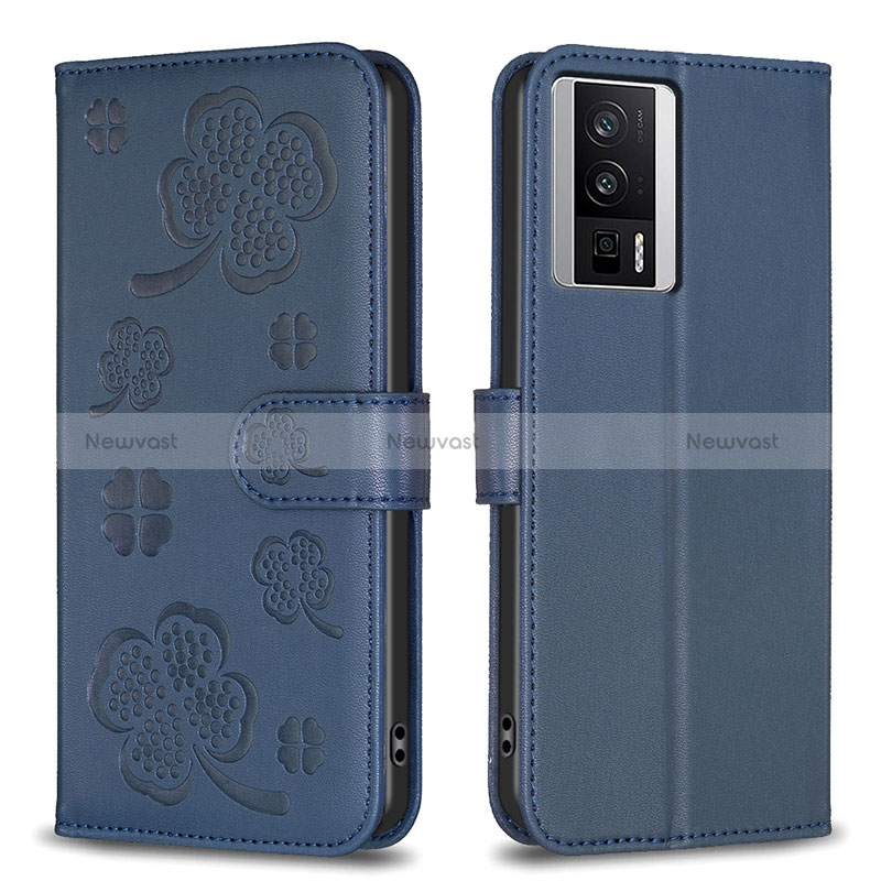 Leather Case Stands Flip Flowers Cover Holder BF2 for Xiaomi Poco F5 Pro 5G Blue