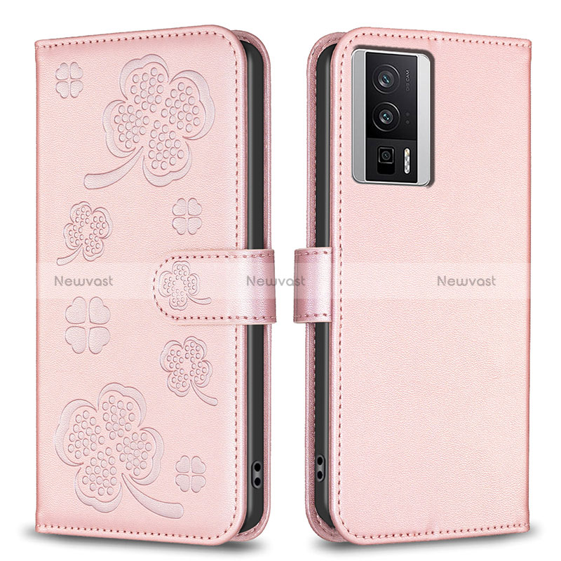 Leather Case Stands Flip Flowers Cover Holder BF2 for Xiaomi Redmi K60 5G Rose Gold