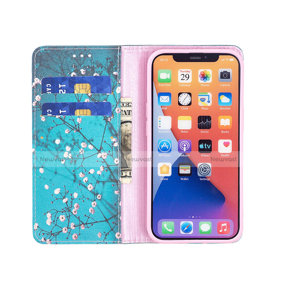 Leather Case Stands Flip Flowers Cover Holder for Apple iPhone 13 Mini Cyan