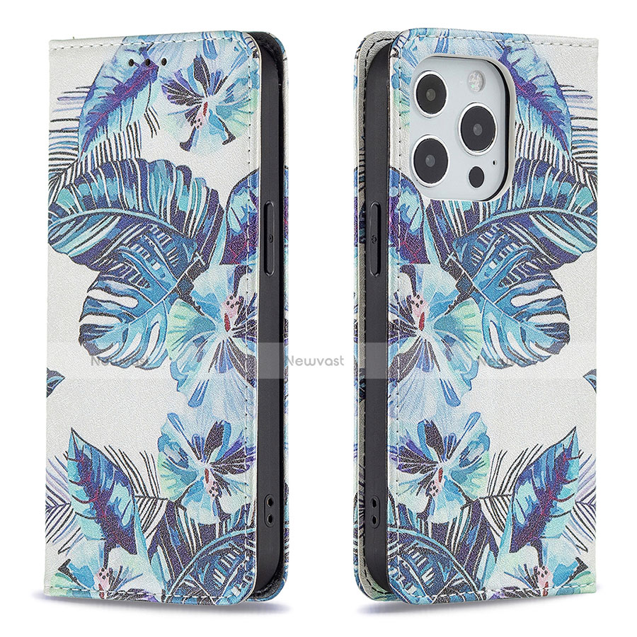 Leather Case Stands Flip Flowers Cover Holder for Apple iPhone 13 Pro Blue