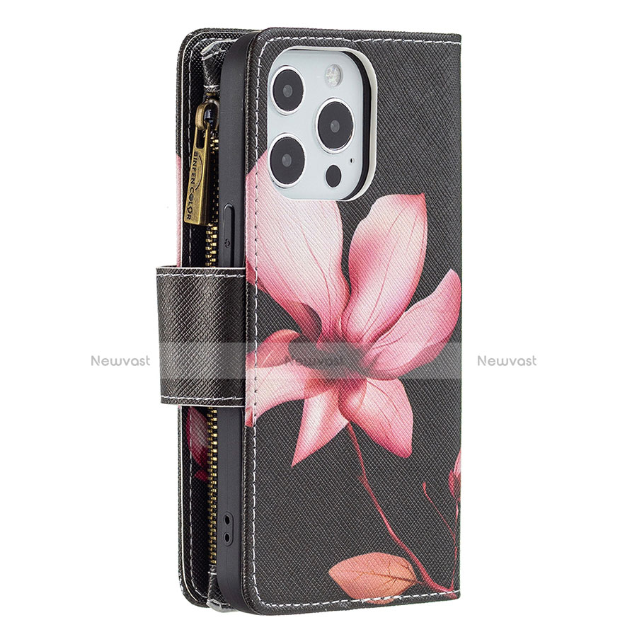 Leather Case Stands Flip Flowers Cover Holder for Apple iPhone 13 Pro Brown