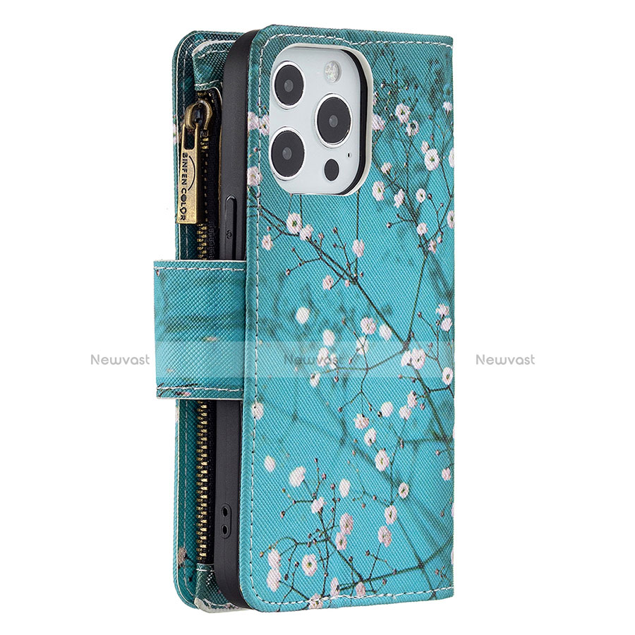 Leather Case Stands Flip Flowers Cover Holder for Apple iPhone 13 Pro Cyan