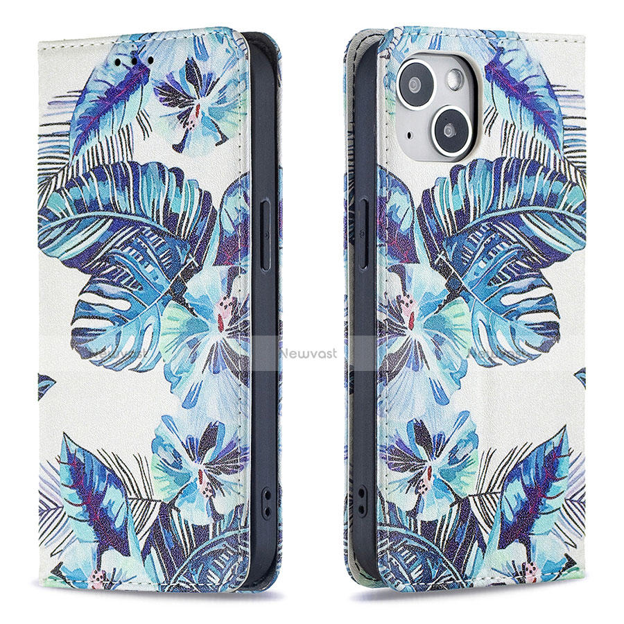 Leather Case Stands Flip Flowers Cover Holder for Apple iPhone 14 Blue