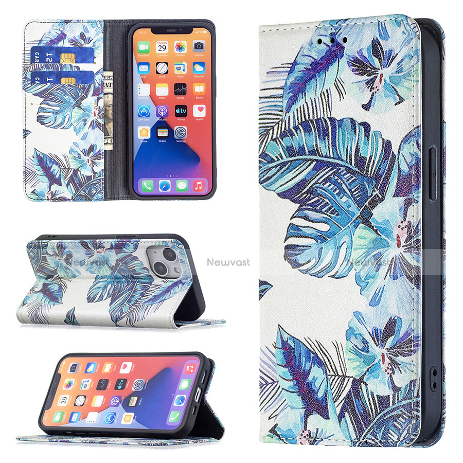 Leather Case Stands Flip Flowers Cover Holder for Apple iPhone 14 Blue