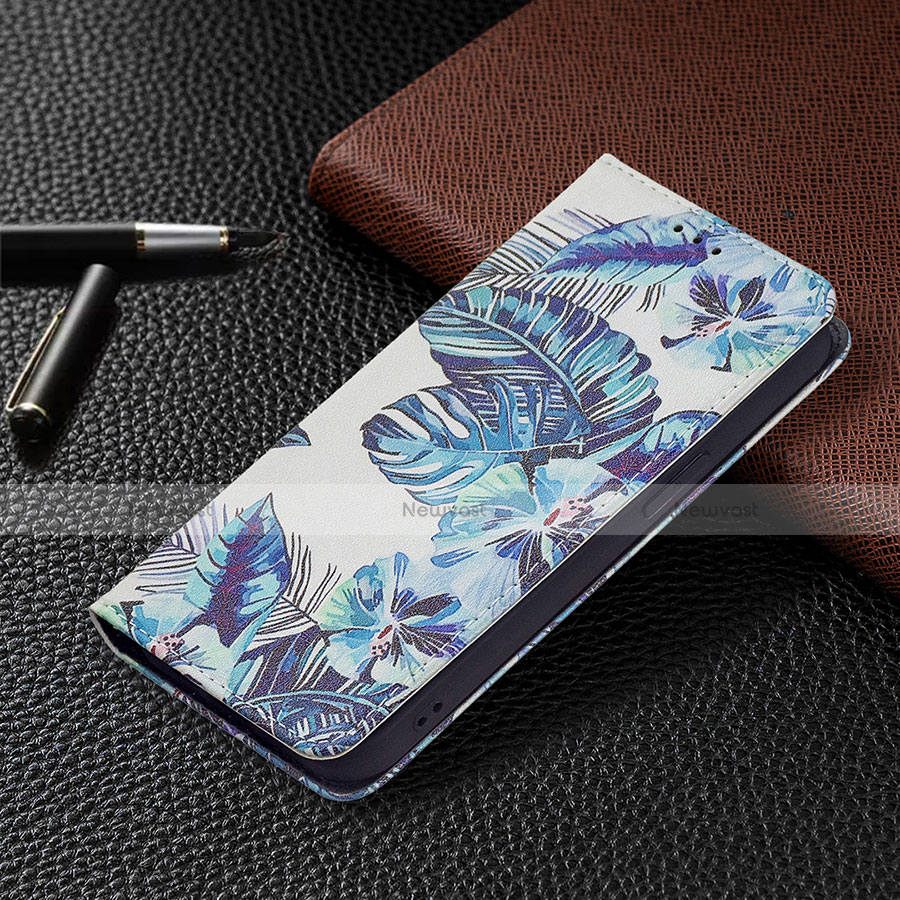 Leather Case Stands Flip Flowers Cover Holder for Apple iPhone 14 Blue