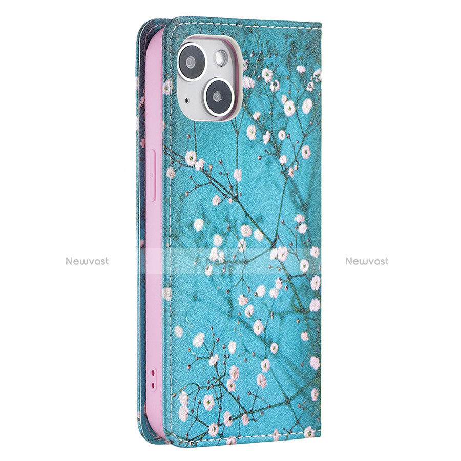 Leather Case Stands Flip Flowers Cover Holder for Apple iPhone 14 Cyan