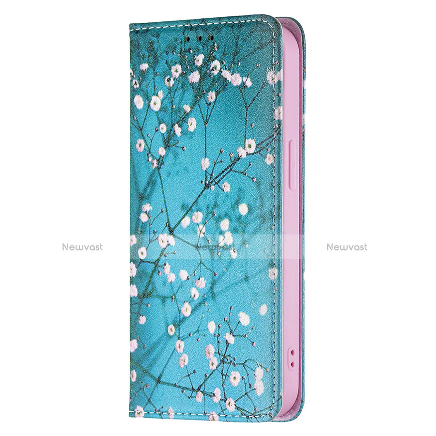 Leather Case Stands Flip Flowers Cover Holder for Apple iPhone 14 Plus Cyan