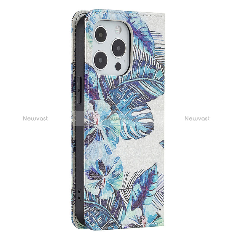 Leather Case Stands Flip Flowers Cover Holder for Apple iPhone 14 Pro Max Blue