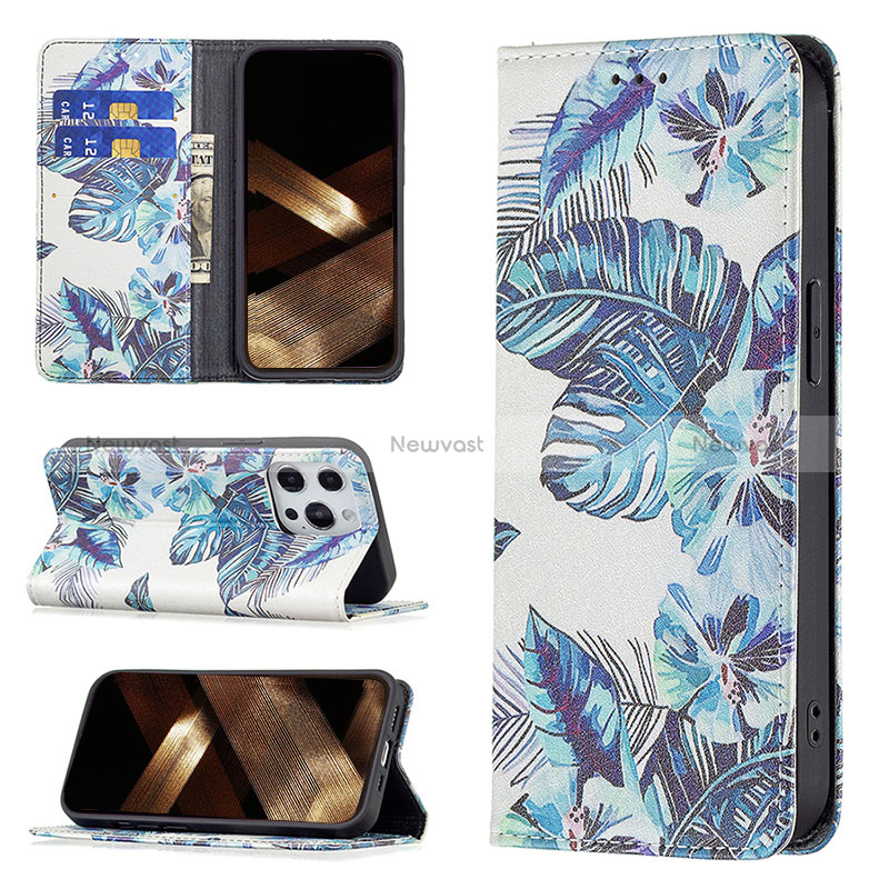 Leather Case Stands Flip Flowers Cover Holder for Apple iPhone 14 Pro Max Blue