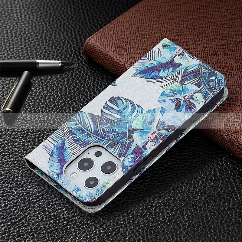 Leather Case Stands Flip Flowers Cover Holder for Apple iPhone 14 Pro Max Blue