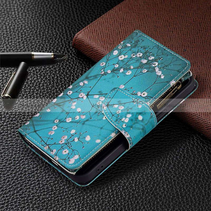 Leather Case Stands Flip Flowers Cover Holder for Apple iPhone 14 Pro Max Cyan