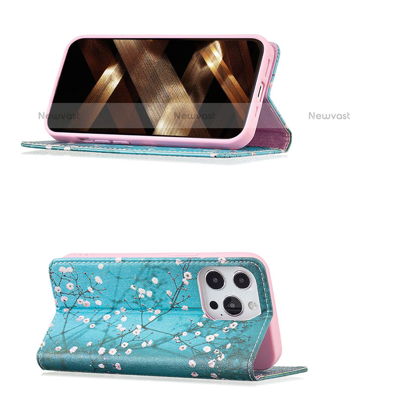 Leather Case Stands Flip Flowers Cover Holder for Apple iPhone 14 Pro Sky Blue