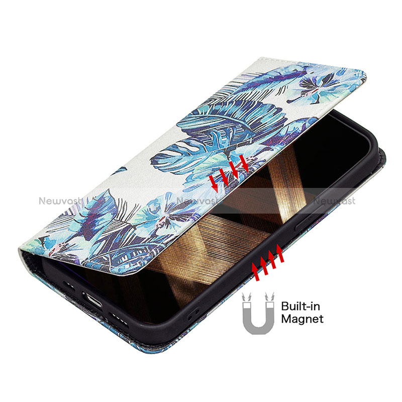 Leather Case Stands Flip Flowers Cover Holder for Apple iPhone 15 Blue