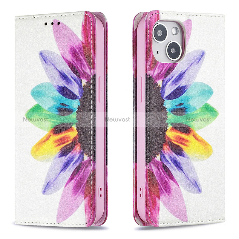 Leather Case Stands Flip Flowers Cover Holder for Apple iPhone 15 Colorful