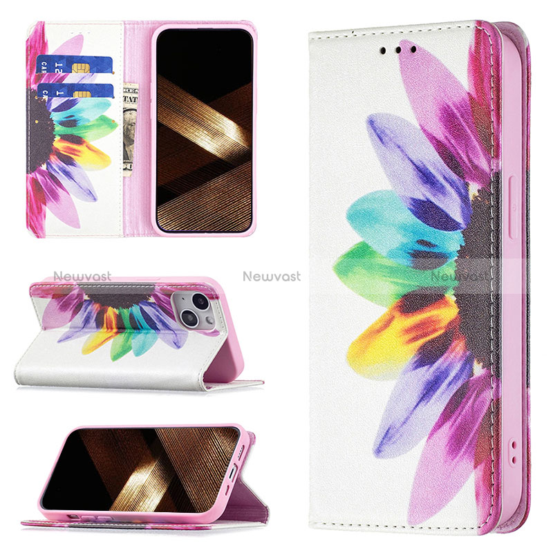 Leather Case Stands Flip Flowers Cover Holder for Apple iPhone 15 Colorful