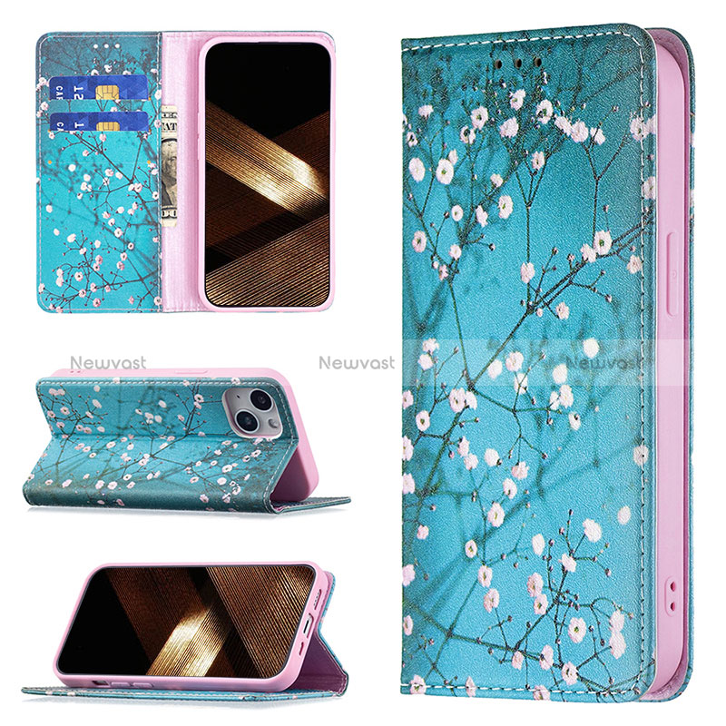 Leather Case Stands Flip Flowers Cover Holder for Apple iPhone 15 Cyan