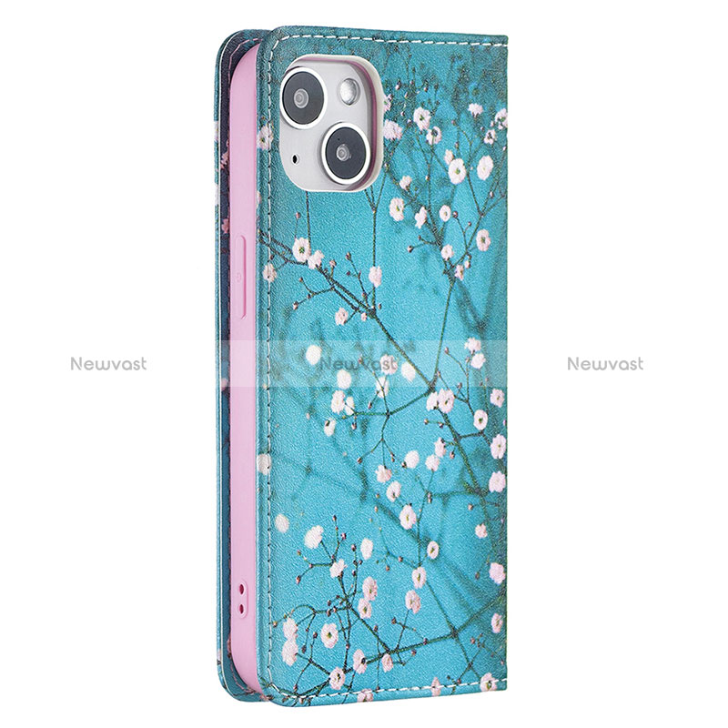 Leather Case Stands Flip Flowers Cover Holder for Apple iPhone 15 Cyan