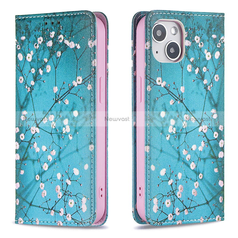 Leather Case Stands Flip Flowers Cover Holder for Apple iPhone 15 Plus Cyan