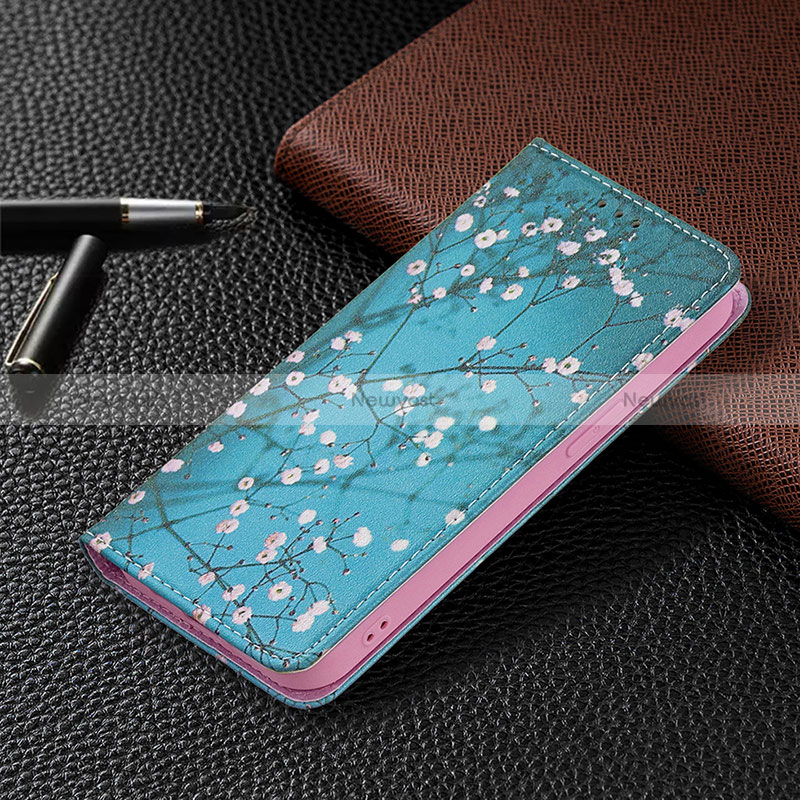 Leather Case Stands Flip Flowers Cover Holder for Apple iPhone 15 Plus Cyan