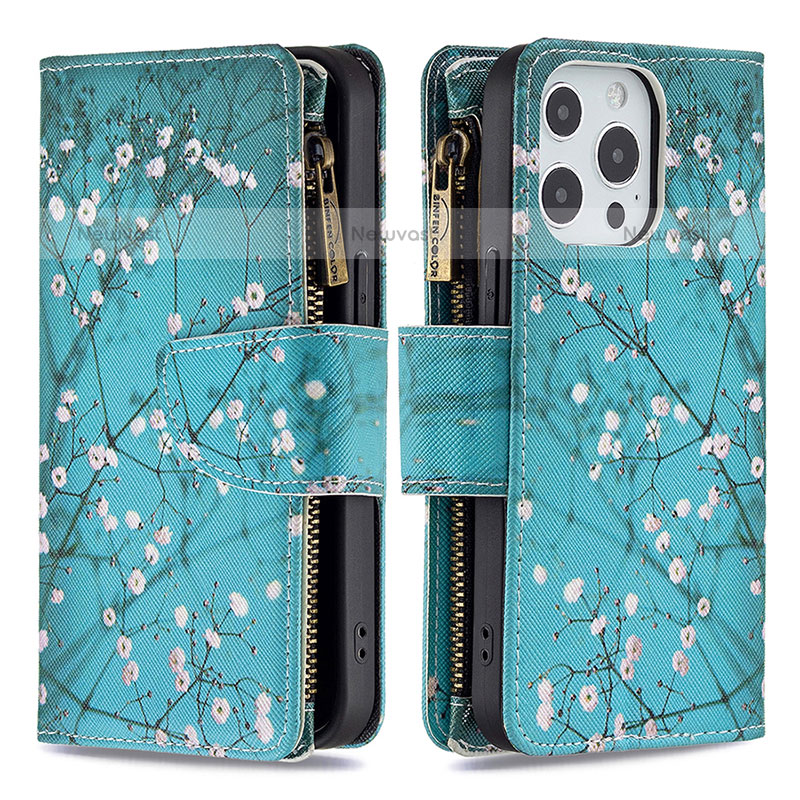 Leather Case Stands Flip Flowers Cover Holder for Apple iPhone 15 Pro Max Cyan