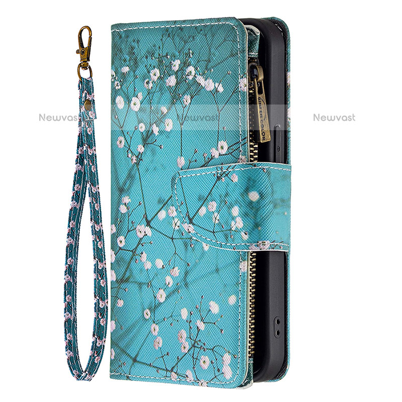 Leather Case Stands Flip Flowers Cover Holder for Apple iPhone 15 Pro Max Cyan