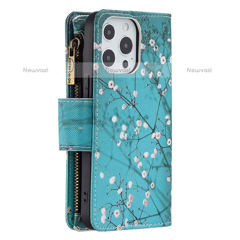 Leather Case Stands Flip Flowers Cover Holder for Apple iPhone 15 Pro Max Cyan