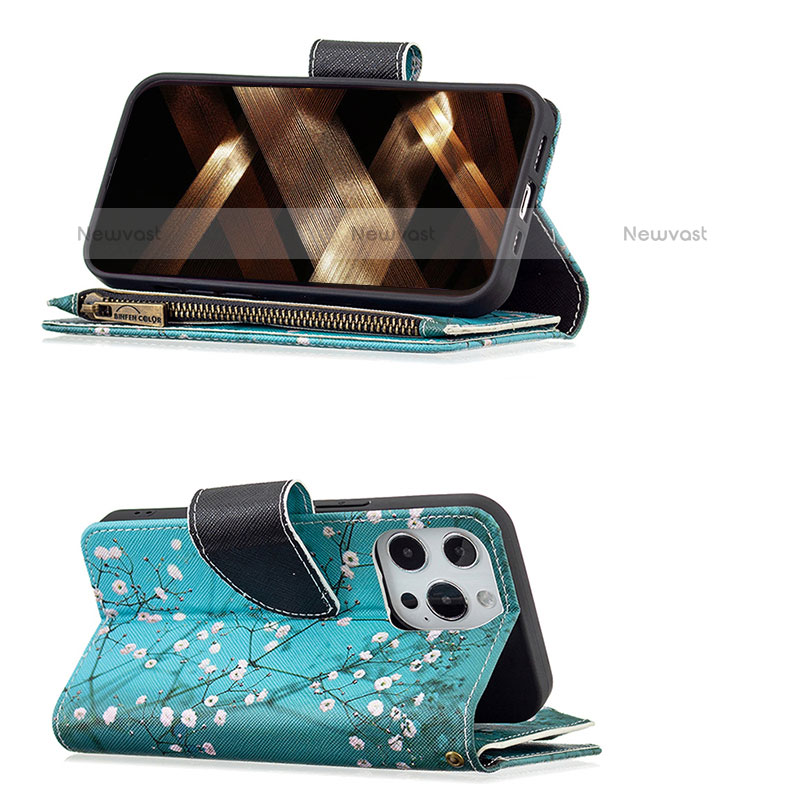 Leather Case Stands Flip Flowers Cover Holder for Apple iPhone 15 Pro Max Cyan