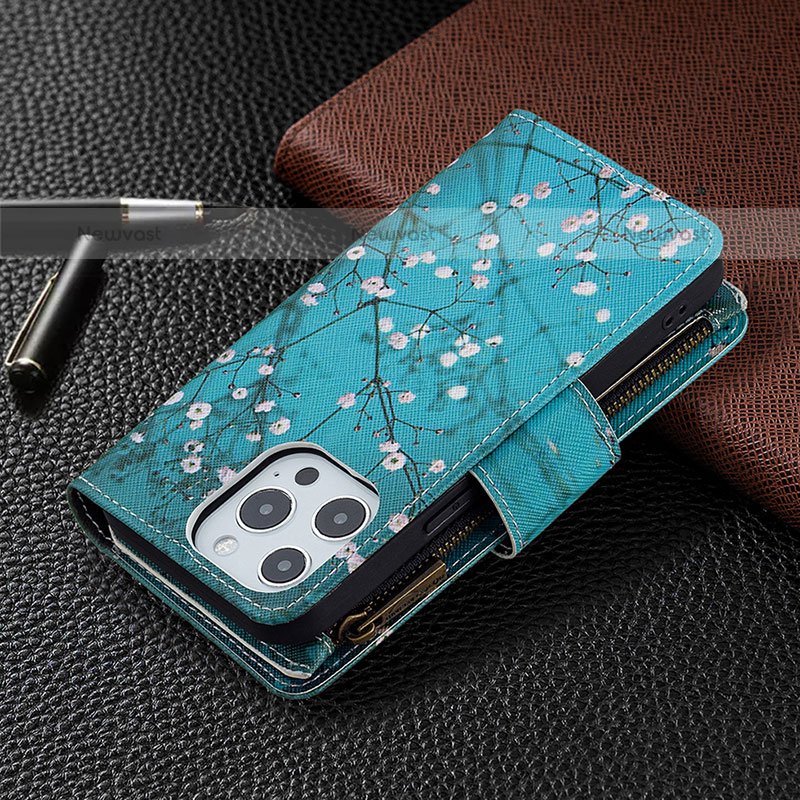 Leather Case Stands Flip Flowers Cover Holder for Apple iPhone 15 Pro Max Cyan