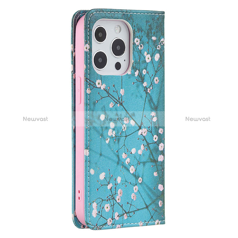 Leather Case Stands Flip Flowers Cover Holder for Apple iPhone 15 Pro Sky Blue