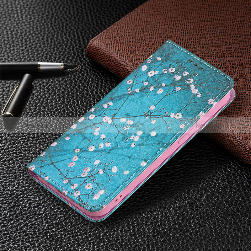 Leather Case Stands Flip Flowers Cover Holder for Apple iPhone 15 Pro Sky Blue