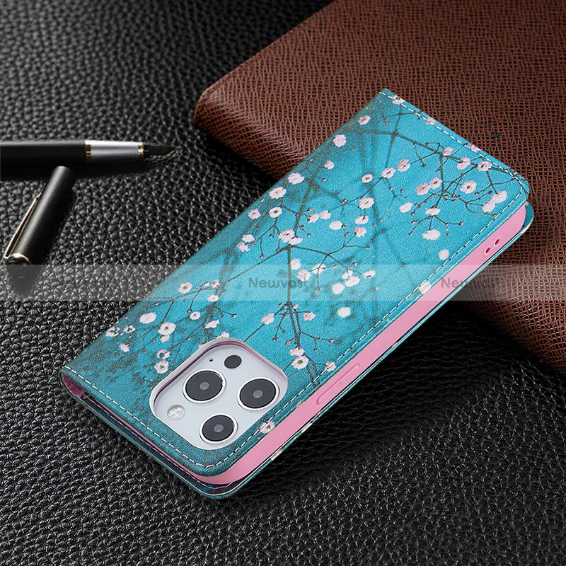 Leather Case Stands Flip Flowers Cover Holder for Apple iPhone 15 Pro Sky Blue