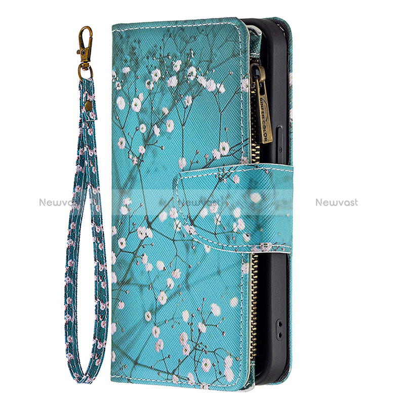 Leather Case Stands Flip Flowers Cover Holder for Apple iPhone 16 Pro Cyan