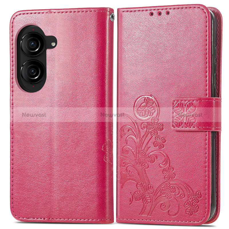 Leather Case Stands Flip Flowers Cover Holder for Asus ZenFone 10 Hot Pink