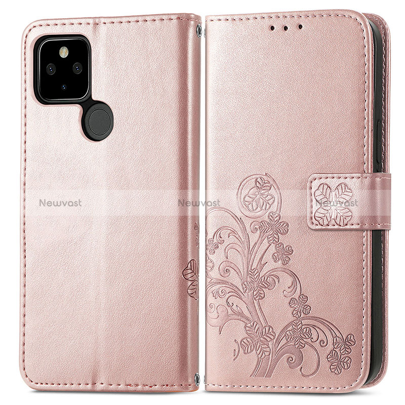 Leather Case Stands Flip Flowers Cover Holder for Google Pixel 5a 5G Rose Gold