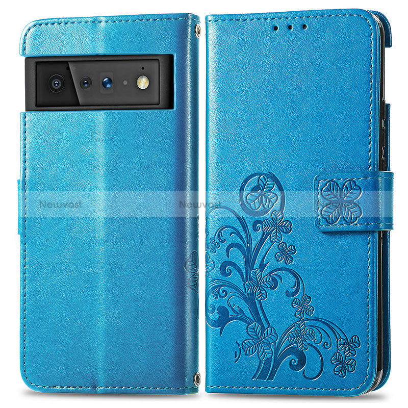 Leather Case Stands Flip Flowers Cover Holder for Google Pixel 6 Pro 5G Blue