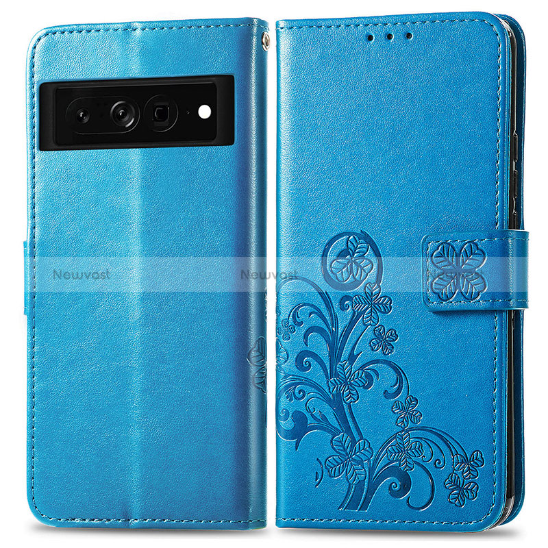 Leather Case Stands Flip Flowers Cover Holder for Google Pixel 7 Pro 5G Blue