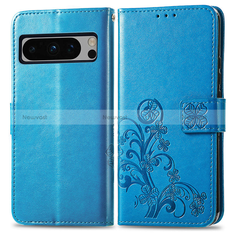 Leather Case Stands Flip Flowers Cover Holder for Google Pixel 8 Pro 5G Blue