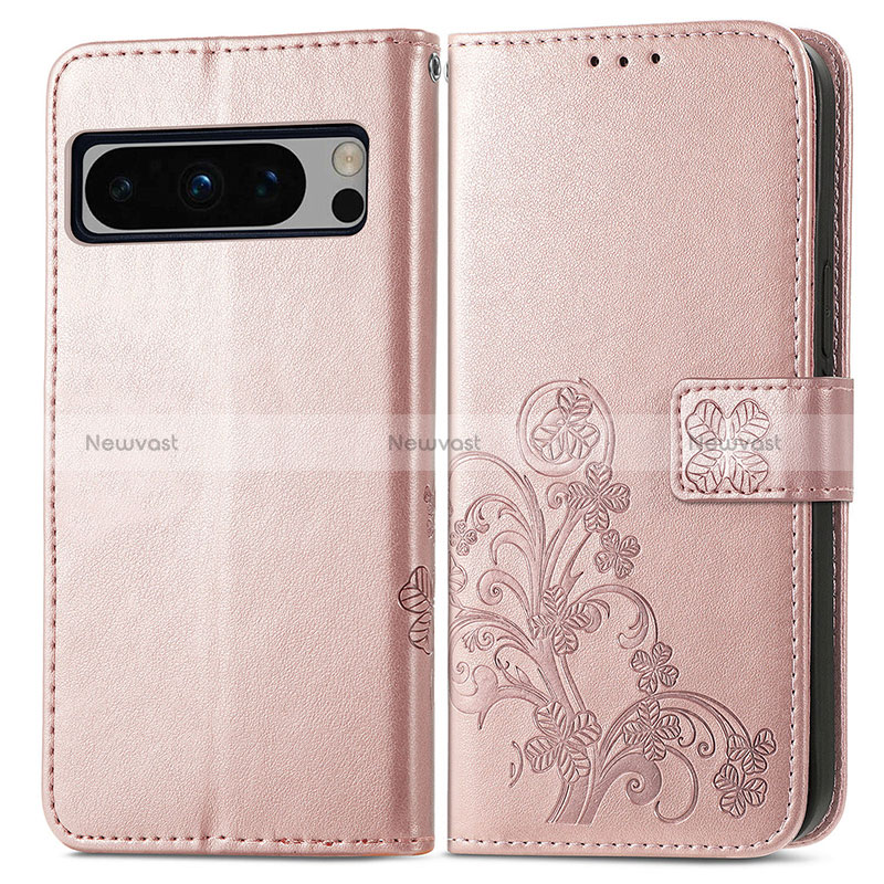 Leather Case Stands Flip Flowers Cover Holder for Google Pixel 8 Pro 5G Rose Gold