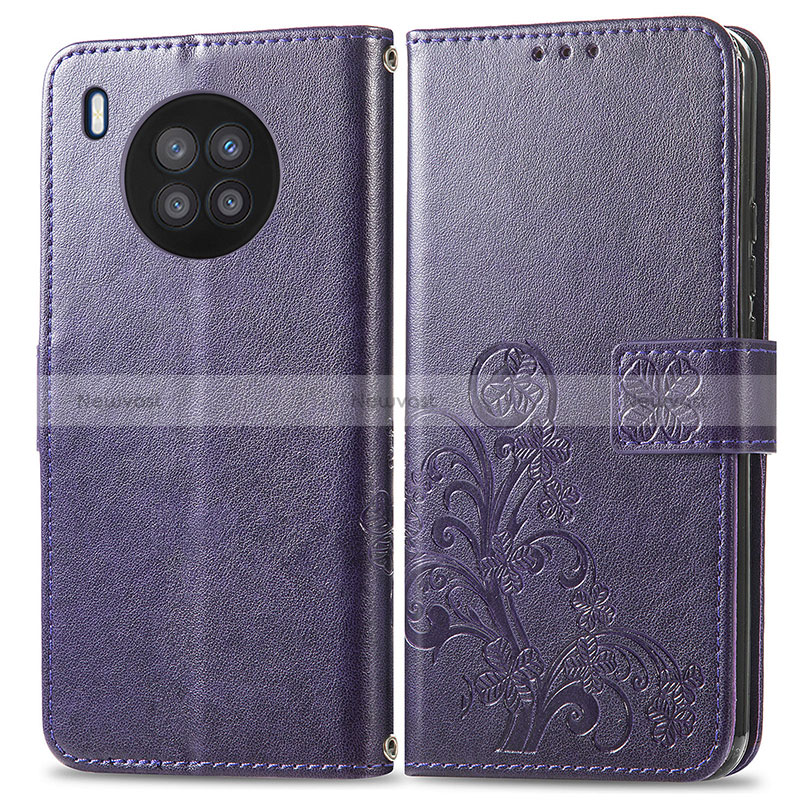 Leather Case Stands Flip Flowers Cover Holder for Huawei Honor 50 Lite Purple