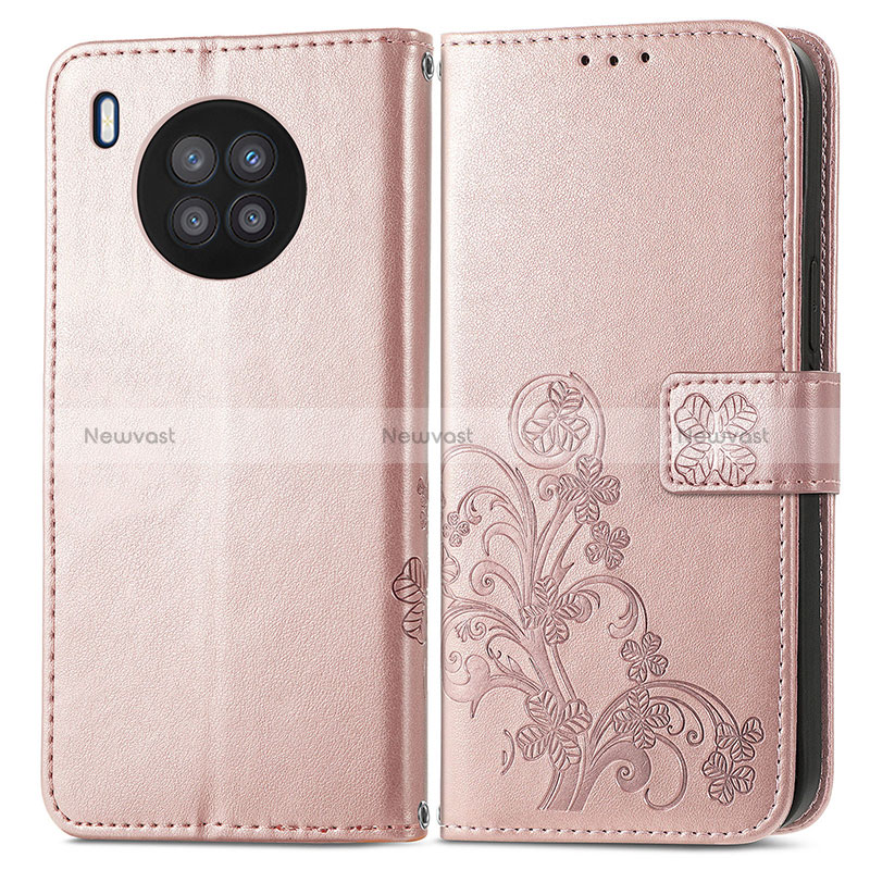 Leather Case Stands Flip Flowers Cover Holder for Huawei Honor 50 Lite Rose Gold