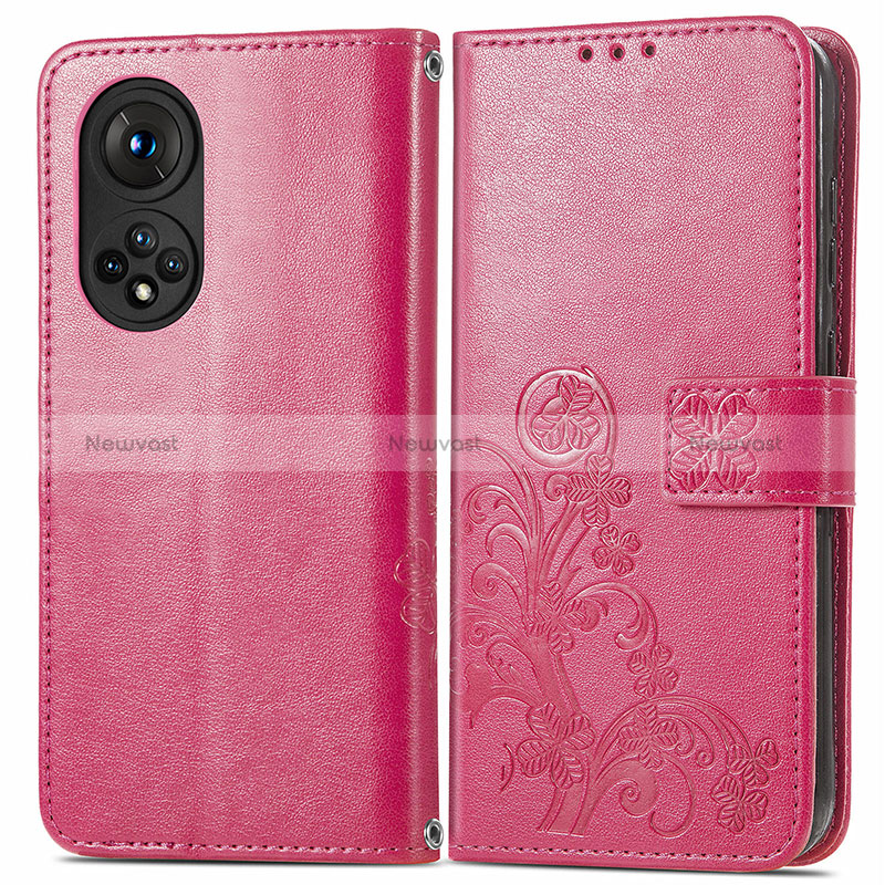 Leather Case Stands Flip Flowers Cover Holder for Huawei Honor 50 Pro 5G Hot Pink