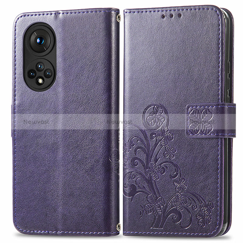 Leather Case Stands Flip Flowers Cover Holder for Huawei Honor 50 Pro 5G Purple